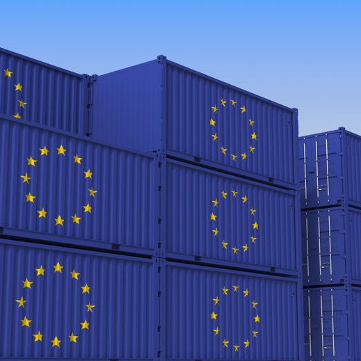 Container yard full of containers with flag of the European Union. The EU export or import related 3D rendering Container terminal. Export or import related 3D